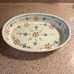 Boleslawiec Polish Pottery Oval Baking Serving Dish Appx 13.5" X 10" Pink Blue